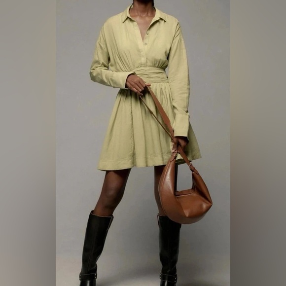 Anthropologie Maeve Mini Shirt Dress Long Sleeve Sz L Green $198 - Picture 1 of 12
